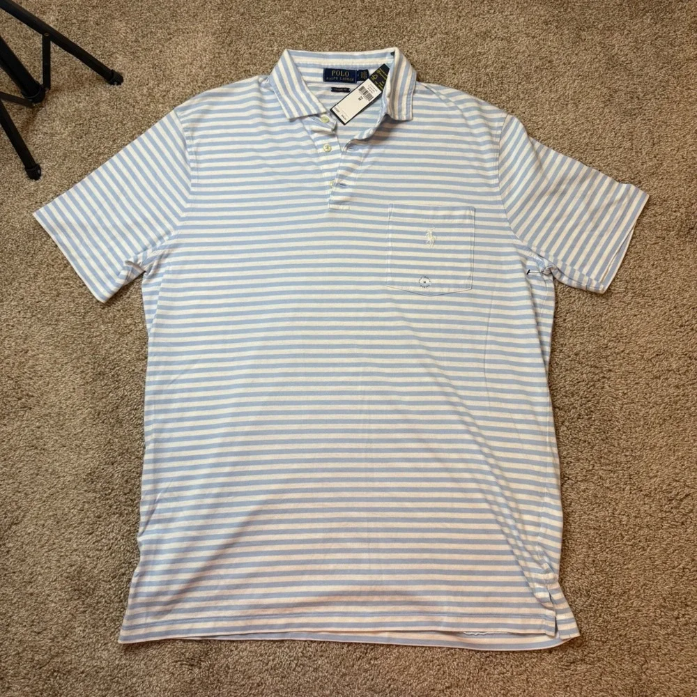 Polo Ralph Lauren Polo Shirt Mens M Blue Striped Classic Fit Pocket Short Sleeve